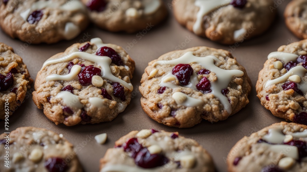 Oatmeal cookies with cranberries and oatmeal flakes in white chocolate.