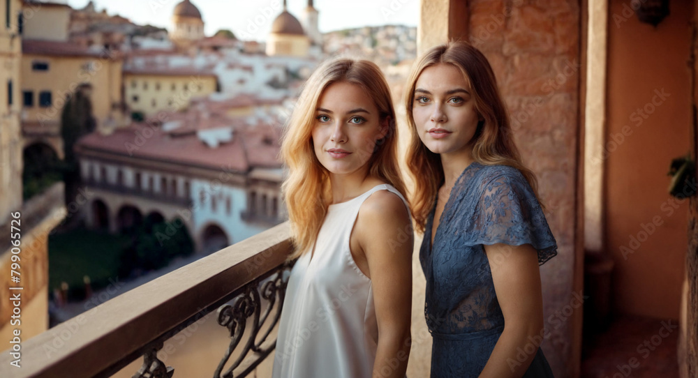 two adult women are standing on the balcony in an old town with hills in daylight, fictitious place