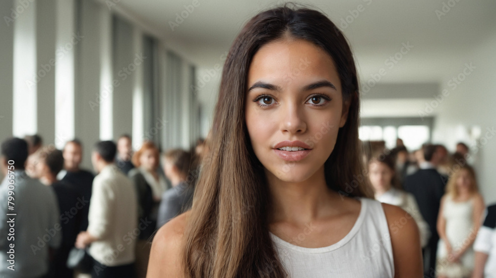 Young brunette woman in summer tank top looks puzzled, skeptical, and critical amid crowded apartment viewing, house party, office meeting, wedding, or family reunion, reflecting busy social dynamics. Young brunette woman in summer tank top looks puzzled, skeptical, and critical amid crowded apartment viewing, house party, office meeting, wedding, or family reunion, reflecting busy social dynamics.