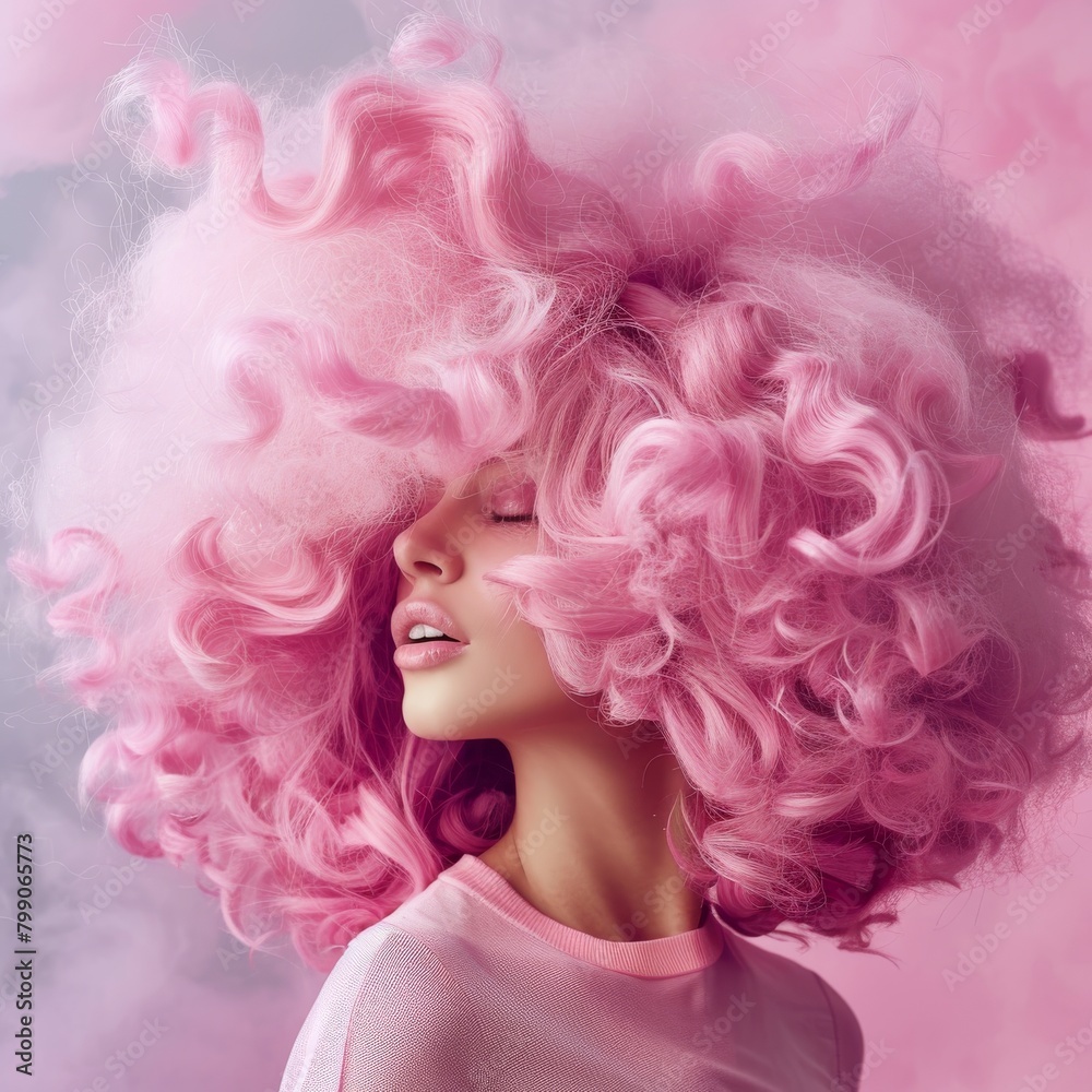 A textured image of vibrant pink curly hair reminiscent of cotton candy, blurred face not depicted