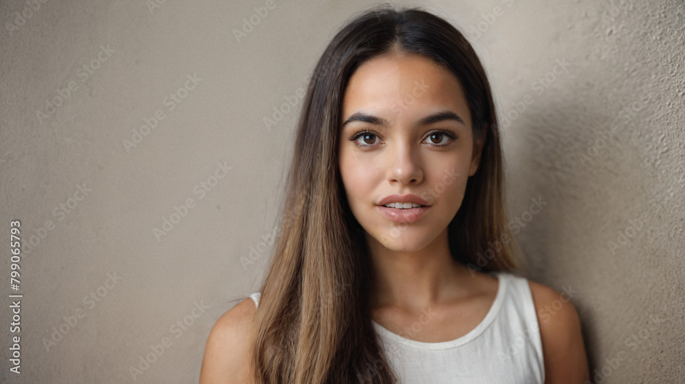 at home in the living room, leaning against the wall, young adult woman, girl, wearing summer tank top, brunette, puzzled or horrified and skeptical and critical of it at home in the living room, leaning against the wall, young adult woman, girl, wearing summer tank top, brunette, puzzled or horrified and skeptical and critical of it