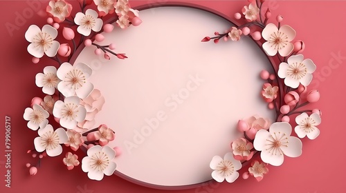 Blank greeting card on pink background with beautiful spring cherry blossoms. Cherry blossoms for Valentine's Day, Women's Day, Wedding, Birthday, Mother's Day,Copy Space,Space for Text,Generative AI,