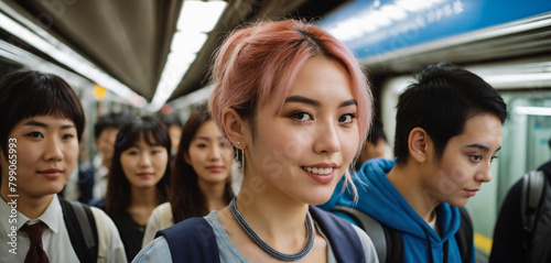 Busy Asian woman with pink hair smiles in crowded subway station amidst bustling daily life.