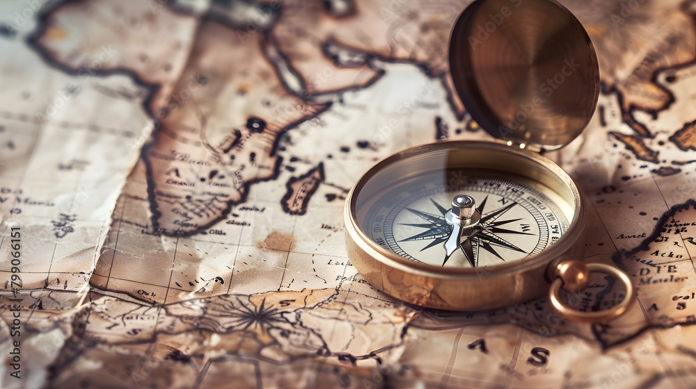 An old brass compass on a Treasure map background