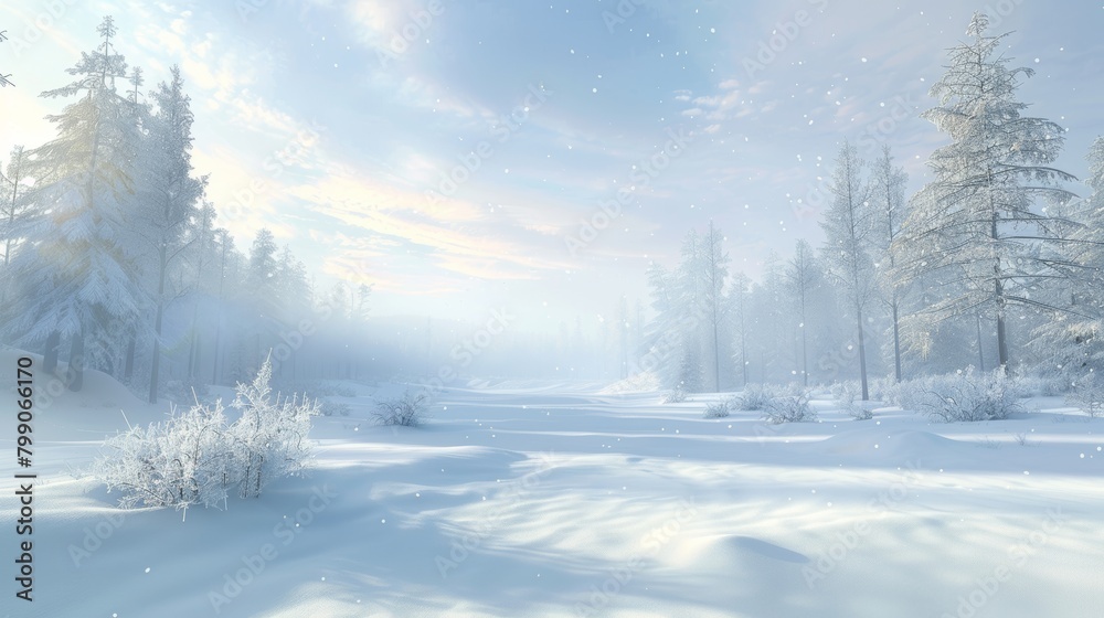 Ethereal winter wonderland with frosty trees and gentle snowfall in a tranquil forest