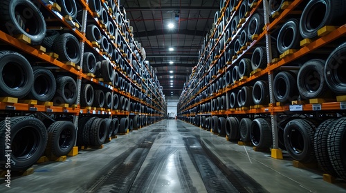 New tire warehouse room in stock There are plenty of them available to replace tires at a service center or auto repair shop. Tire warehouse for the car industry  photo