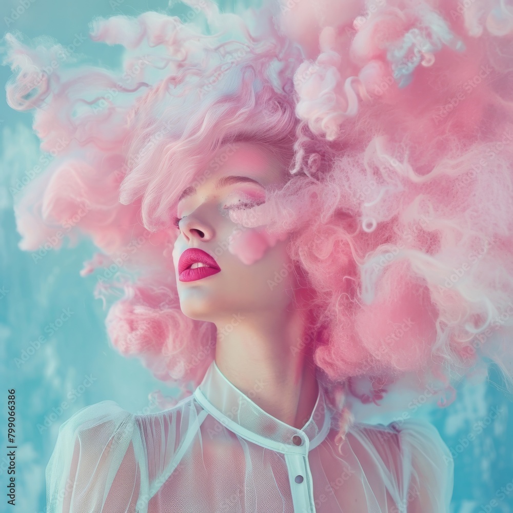 This image captures the ethereal beauty of pink cloud-like hair over a calming blue background