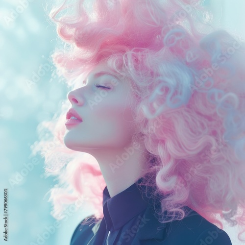 A surreal display of vivid pink cloud-like hair floating gracefully against a soft blue backdrop