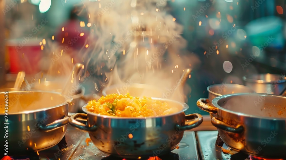 Three pots cooking on stove with rising steam