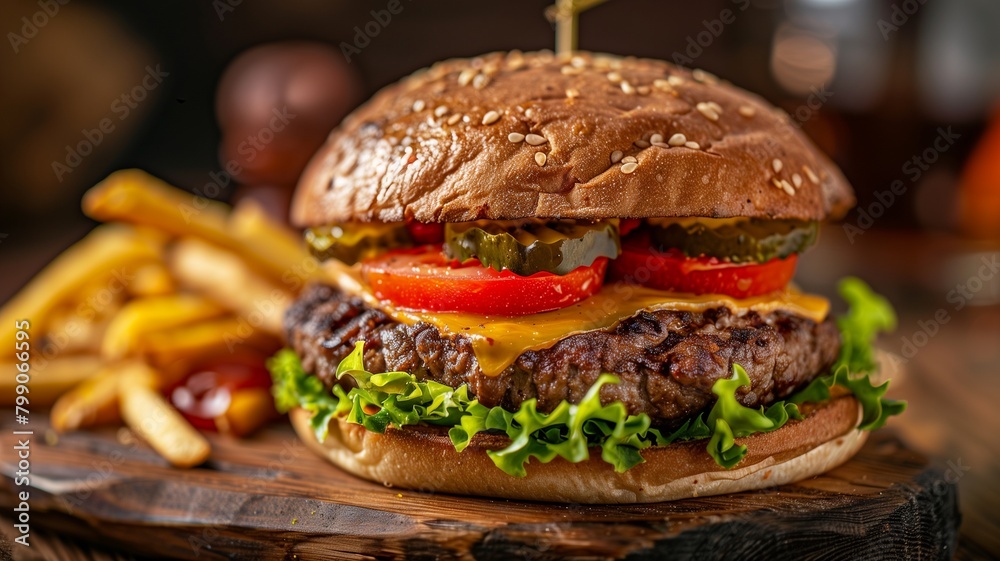 Burger on dark background. Tasty burger on table with fries Burger on dark background. Tasty burger on table with fries