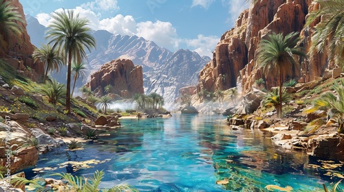 Craft an image depicting a desert oasis untouched by human hands