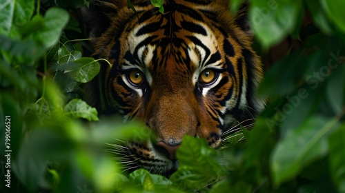 A tiger hiding in the leaves of a tree. Generative AI. © Philip