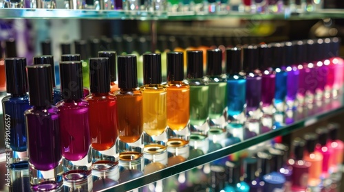 A set of luxury nail polish bottles in a rainbow of colors displayed on a glass shelf --ar 16 9 --style raw Job ID  5330f211-e5ff-410e-aea4-4a9581da127b