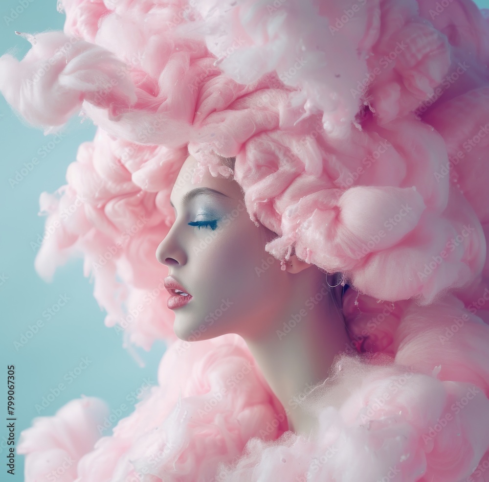 Surreal image of a person with a cloud-like fluffy pink substance enveloping the head and shoulders