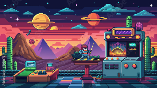 8-Bit Pixel Adventure Game Scene, Retro Arcade Game Round, Platformer Game Vector	
