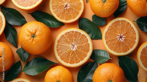   A collection of oranges atop a table, surrounded by green leaves beneath