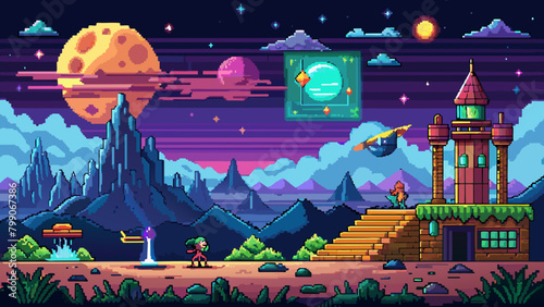8-Bit Pixel Adventure Game Scene, Retro Arcade Game Round, Platformer Game Vector	
