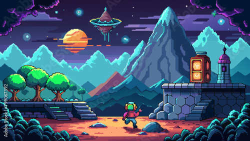 Pixelated Retro Adventure Game Scene, Retro Arcade game Round, Platformer Game Vector