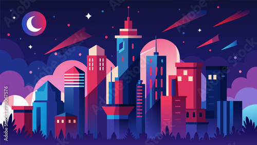 The city skyline transformed into a magical scene with buildings and balconies lit up with patriotic colors to honor Independence Day.. Vector illustration