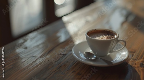 A cup of coffee on a plate with a spoon on a table exposed to morning sunlight bokeh photo