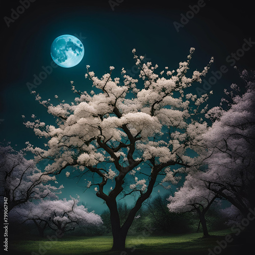 night landscape with moon and trees in bloom photo