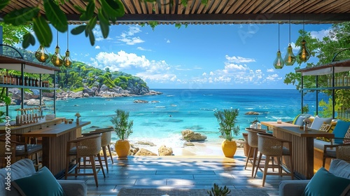 Inviting resort terrace with a breathtaking view of the tranquil ocean and rocky shoreline