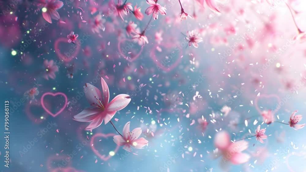 Lovely spring season with pink cherry blossoms flowers and many fireflies. 