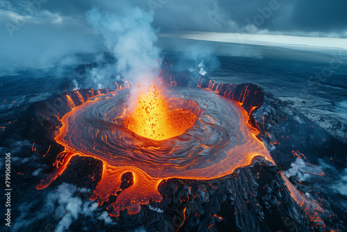 active volcano crater seen from above as lava erupts and molten metal and rock flows through the sides photo