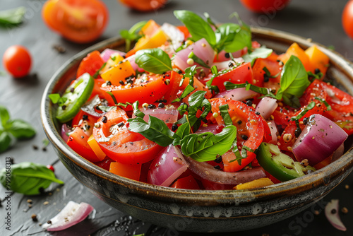 plate with summer salad made from ingredients with tomatoes  onions  mango and arugula leaves