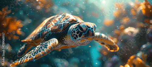 A closeup shot of an elegant sea turtle gliding through the crystal clear waters. Created with Ai photo