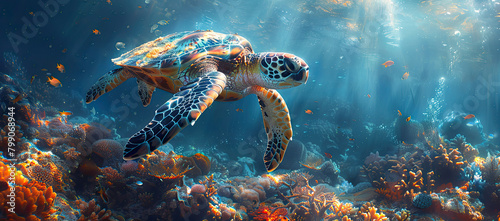  Turtle swimming in the sea, surrounded by corals and marine life. Created with Ai