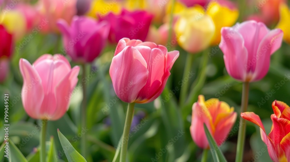 Fototapeta premium Many colored tulips spread in field