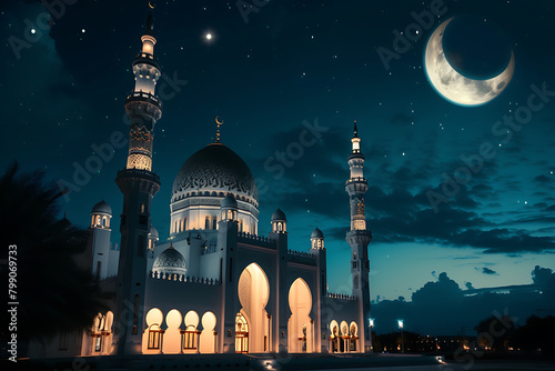 The mosque is illuminated by the crescent moon at night, symbolizing the Ramadan Kareem and Islamic Day celebrations. Generative AI