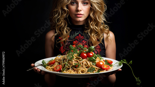 A woman with long blond hair is holding a plate of spaghetti with cherry tomatoes and fresh herbs.