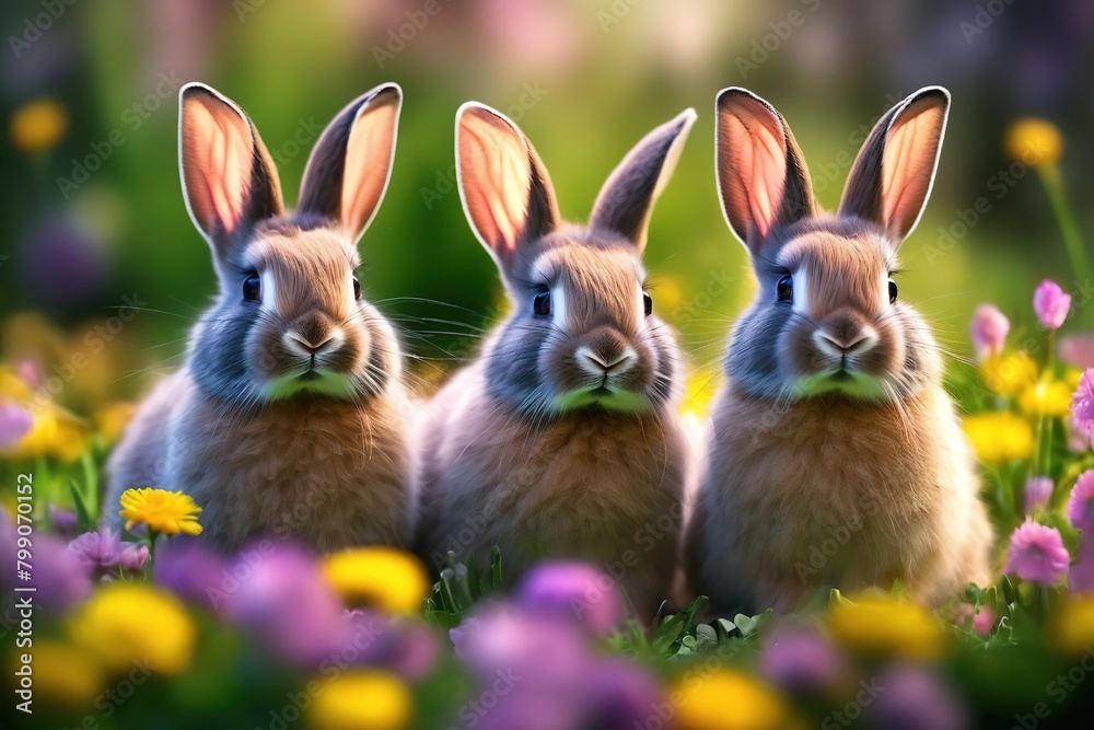 cute rabbits among flowers. sunny spring day. cute rabbits among flowers. sunny spring day.