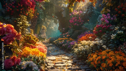 Craft an image depicting a paradise garden filled with colorful flowers