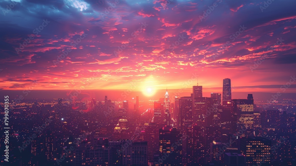 Craft an image depicting a panoramic sunset over a city skyline