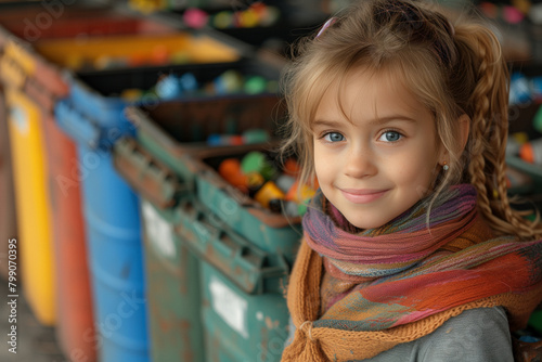 Little girl wearing scarf next to recycling bins, sustainability concept © Spicy World