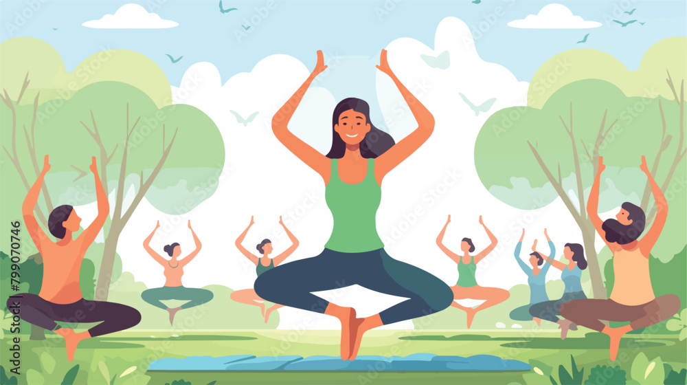 Outdoor yoga class flat vector illustration. Young