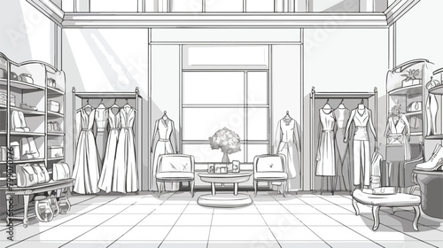 Outline drawing of fashionable clothing shop interi photo