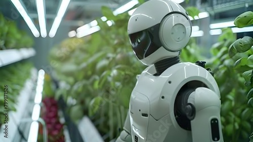 Advanced Humanoid Robot Conducting Routine Inspection in a Thriving Modern Indoor Farm Generative ai