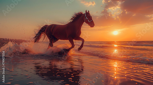 Majestic Brown Horse Galloping Through Ocean Waves at Vibrant Sunset. Generated by AI