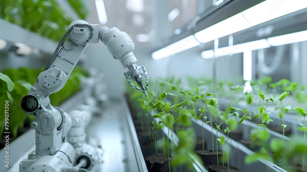 Advanced Autonomous Robot Precisely Monitoring Seedlings in Futuristic SunDrenched Indoor Farm Generative ai