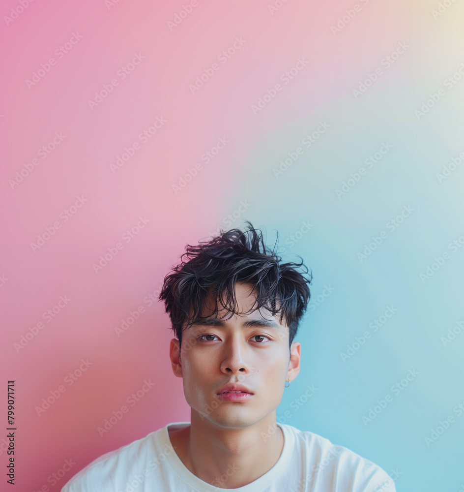 Posing with sophistication, a young Asian gay man is captured in a high-end fashion portrait against a soft pastel background. Posing with sophistication, a young Asian gay man is captured in a high-end fashion portrait against a soft pastel background.