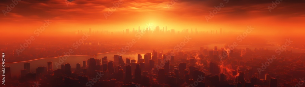 A post-apocalyptic cityscape with a red sky and a large sun in the background
