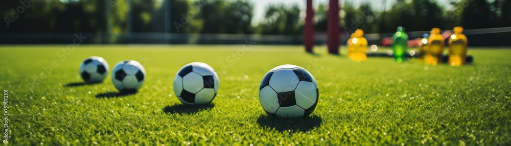 Fototapeta premium Four soccer balls lie on the grass near the goal.