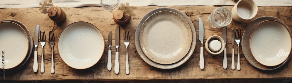 A beautifully set table with ceramic plates and silverware A beautifully set table with ceramic plates and silverware