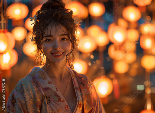 Smiling Japanese girl in a bright red kimono is holding white paper lantern light in Obon Odori or summer festival night in a temple surrounded by various glowing lanterns.