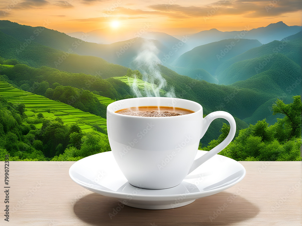 White Coffee cup on wooden with cough and nature background White Coffee cup on wooden with cough and nature background