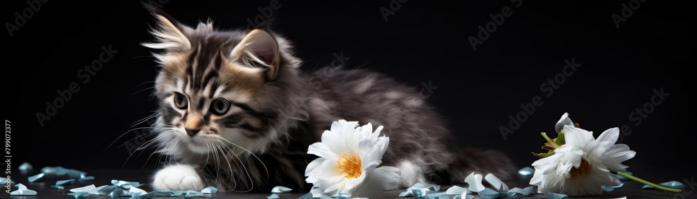 A cute kitten is sitting next to a beautiful flower. The kitten is looking at the flower with curiosity.